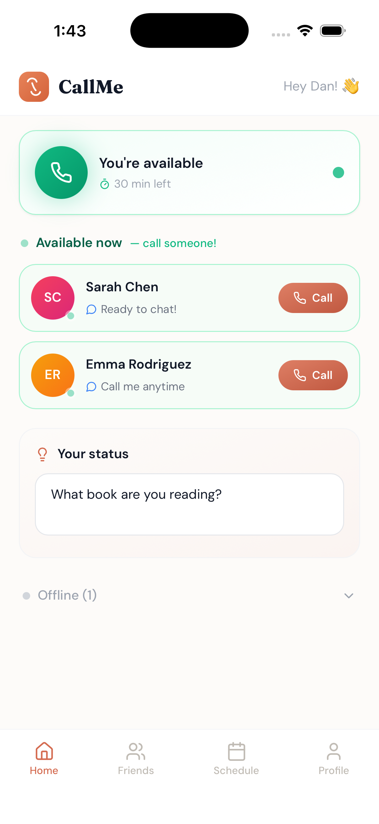 CallMe home screen showing availability and available friends